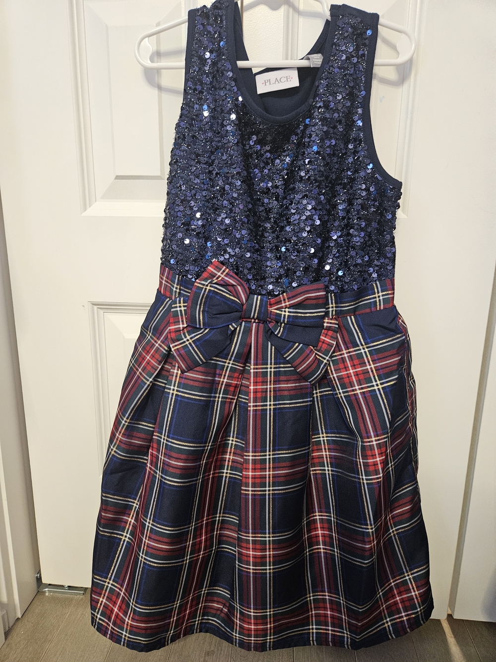 The Children's Place Navy Sequin Bodice Plaid Bow Party Dress Size 7/8